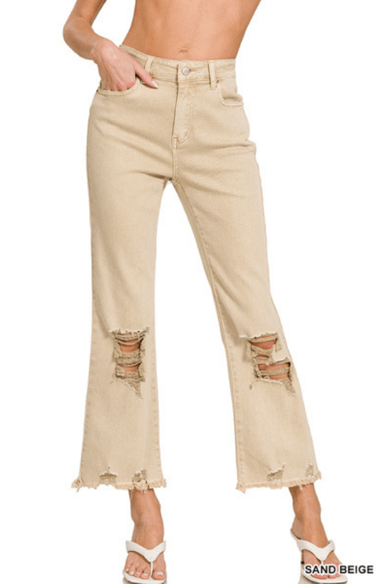 Aniya Acid Washed Waist Distressed Straight Pants