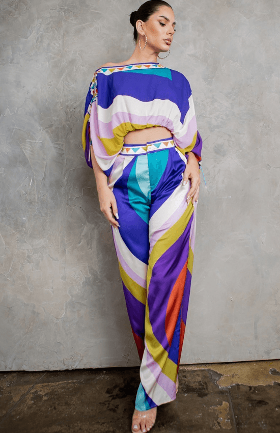 Mikayla Cropped Blouse And Wide Pants Set-Purple Combo