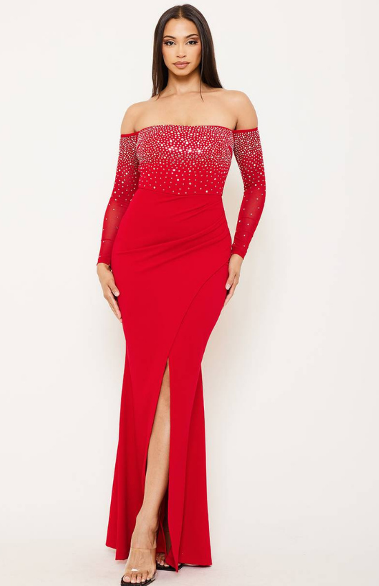 Nina Rhinestone Off Shoulder Maxi Dress-Red