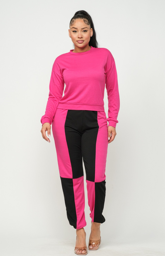 Lisa solid long sleeve top and color block pants set