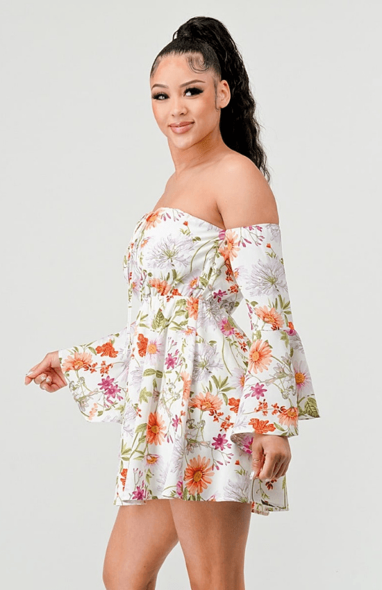 Lala Off Shoulder Bell Sleeves Keyhole Floral Mini Dress-Ivory