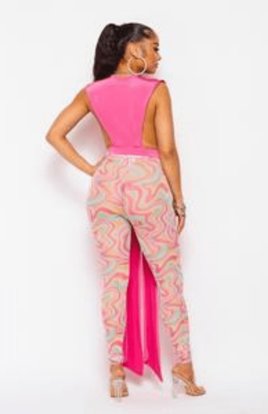 Alyssa Long Wrap See Through Top Sleeveless Open Widely and Leggings Set-pink