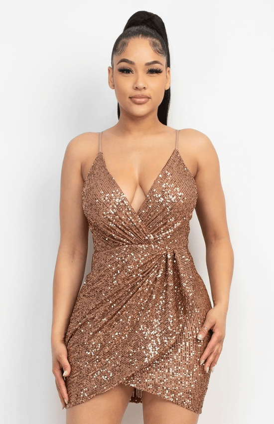 Briana Sequin-Studded Wrap-Front Design Chic Mini Dress