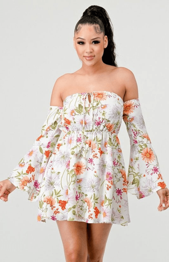 Lala Off Shoulder Bell Sleeves Keyhole Floral Mini Dress-Ivory