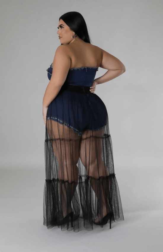 Karla Plus Size Non-Stretch Romper Denim Tube Back Zipper Closure Tulle Long Skirt