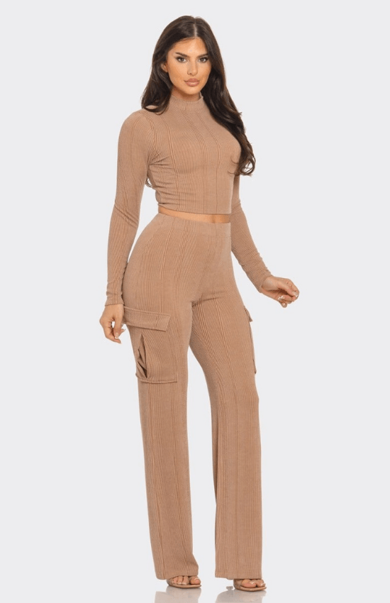 Kaliah Rib Solid Mock Neck Long Sleeve Crop Top and Side Cargo Pockets Pants Set-Mocha