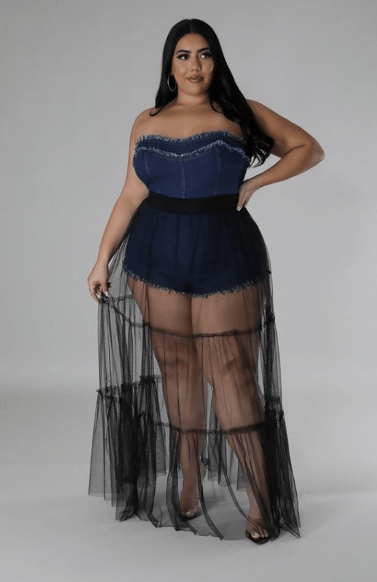 Karla Plus Size Non-Stretch Romper Denim Tube Back Zipper Closure Tulle Long Skirt