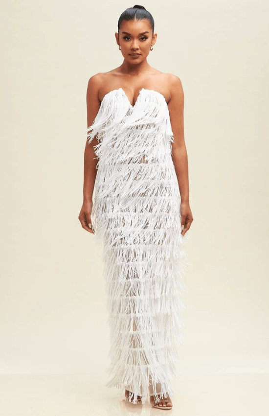 Alyssa Sequin Fringe Elegant Maxi Dress-White