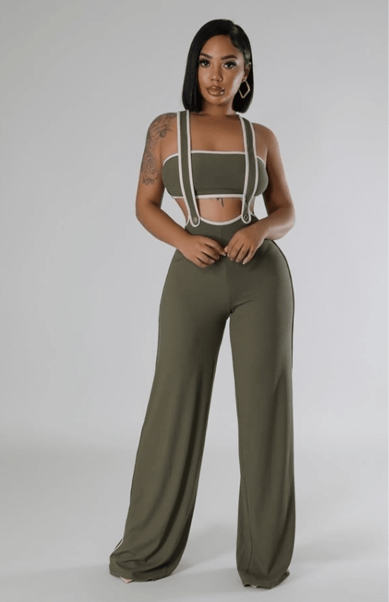 Megan Tube Top No Closure Pants with a Shoulder Strap Two Piece Set-Olive