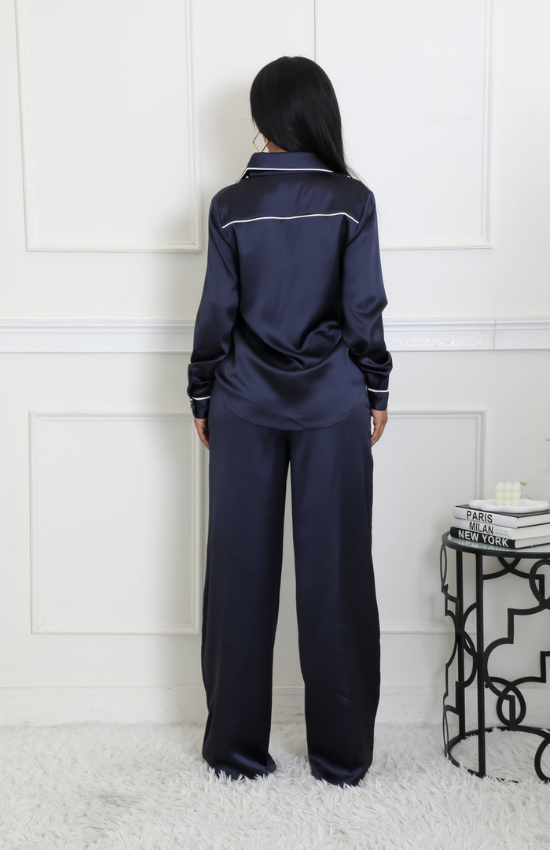 Junie Top Collar Long Sleeves Front Button High Waist Pants Set-Navy