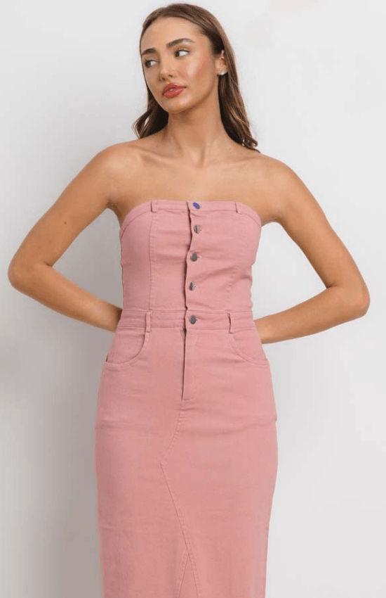 Betty Stretch Front Buttons Tube Maxi Dress-Pink