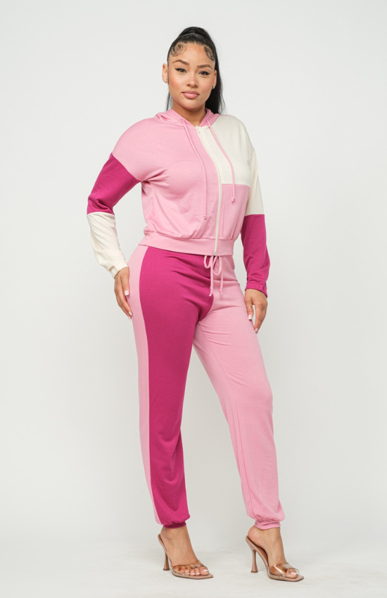 Laura Color Block Zip Up Hoodie and Jogger Pants Set