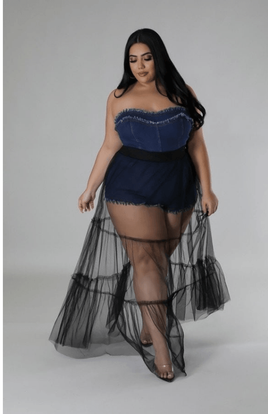 Karla Non-Stretch Romper Denim Tube Back Zipper Closure Tulle Long Skirt