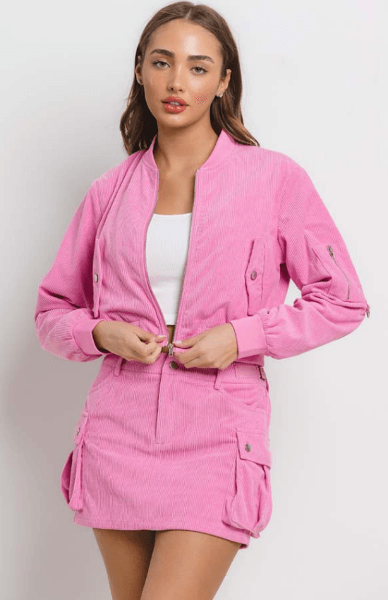 Emily Corduroy Front Zipper Jacket with Mini Cargo Skirt-Pink