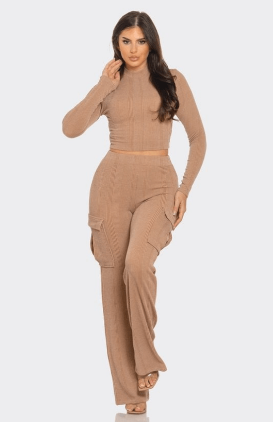 Kaliah Rib Solid Mock Neck Long Sleeve Crop Top and Side Cargo Pockets Pants Set-Mocha