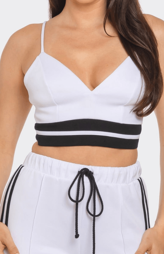 Mikayla Front bottom Striped Detail Adjustable Strap Bra Crop Top and Side Slit Two Stripes Flare Pants set-White