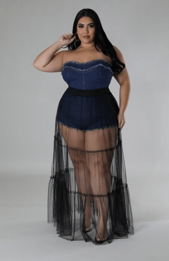 Karla Plus Size Non-Stretch Romper Denim Tube Back Zipper Closure Tulle Long Skirt