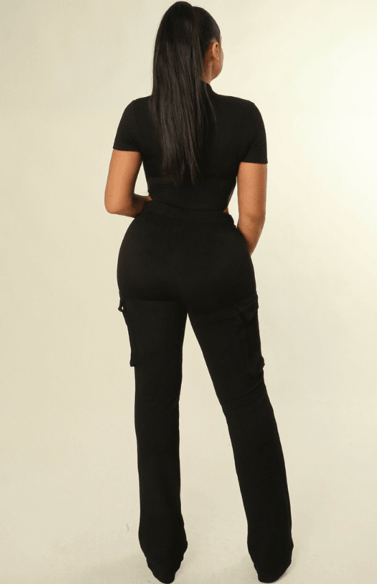 Lily Short Sleeve Ribbed Bodysuit and Pants Front Zipper Cargo Side Pocket set-Black