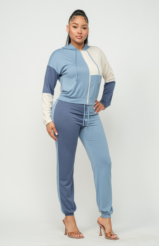 Laura Color Block Zip Up Hoodie and Jogger Pants Set