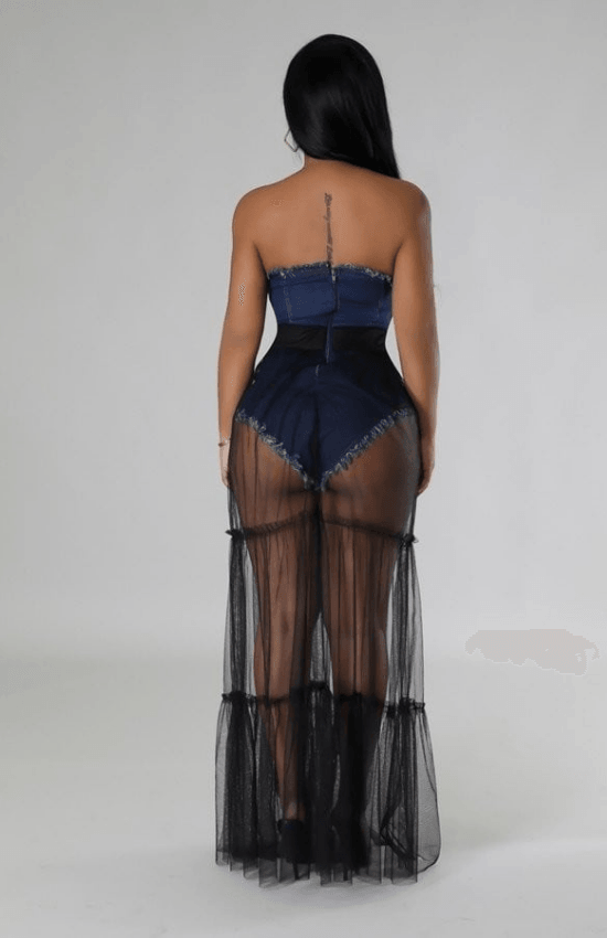 Karla Non-Stretch Romper Denim Tube Back Zipper Closure Tulle Long Skirt