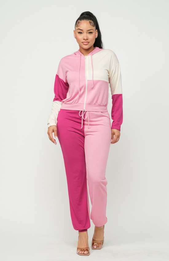 Laura Color Block Zip Up Hoodie and Jogger Pants Set