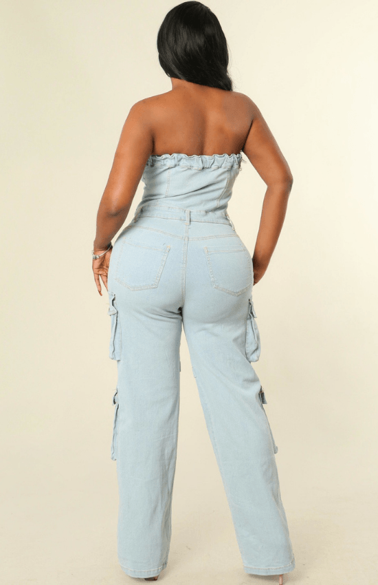 Diana Button Up Sleeveless Cargo Denim Jumpsuit