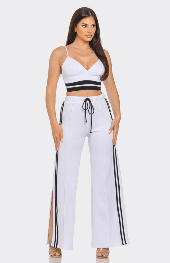 Mikayla Front bottom Striped Detail Adjustable Strap Bra Crop Top and Side Slit Two Stripes Flare Pants set-White