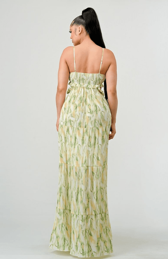 Junelle Floral Print Chiffon Ruffle Side Cut Out Maxi Dress-Sage