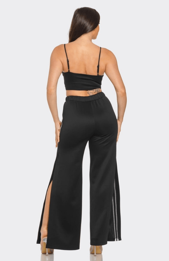 Mikayla Front bottom Striped Detail Adjustable Strap Bra Crop Top and Side Slit Two Stripes Flare Pants Set-Black/White