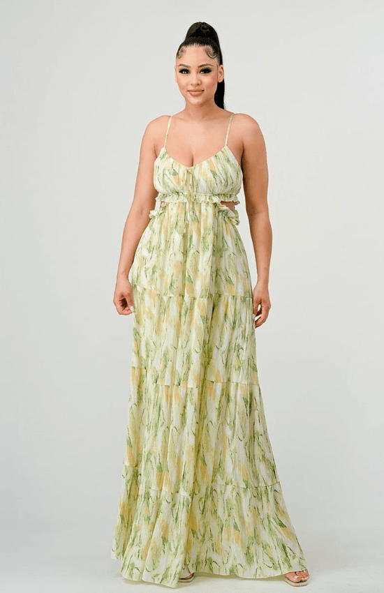 Junelle Floral Print Chiffon Ruffle Side Cut Out Maxi Dress-Sage