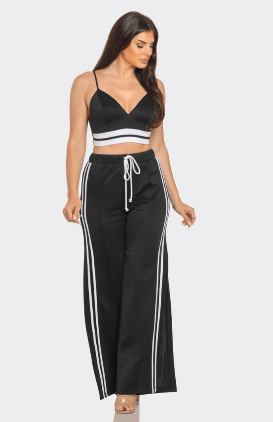 Mikayla Front bottom Striped Detail Adjustable Strap Bra Crop Top and Side Slit Two Stripes Flare Pants Set-Black/White