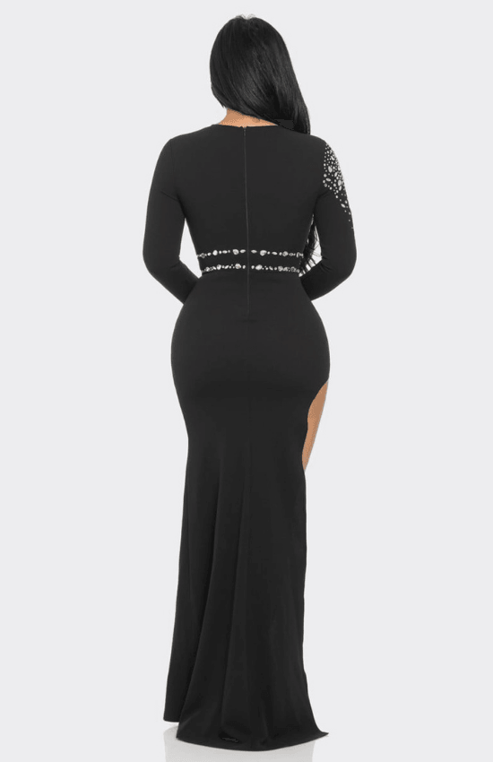 Junelle Rhinestone Cut Out Long Sleeves Side Slit Elegant Maxi Dress-Black