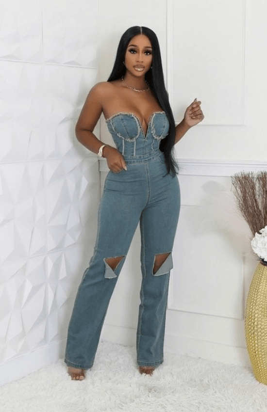 Claudia Non-Stretch Strapless Pocket Ripped Knees Back Zipper Closure Jumpsuit-Denim