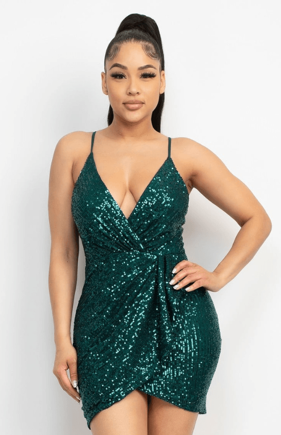 Briana Sequin-Studded Wrap-Front Design Chic Mini Dress