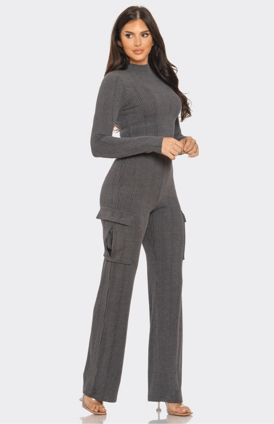 Kaliah Rib Solid Mock Neck Long Sleeve Crop Top and Side Cargo Pockets Pants Set-Charcoal