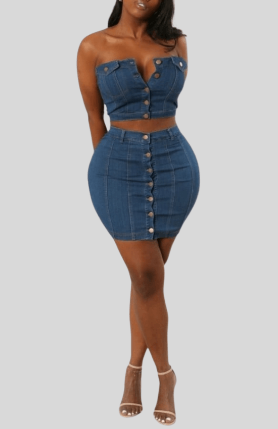 Miranda Belt Loops Button Up Mini Skirt Set-Light Denim