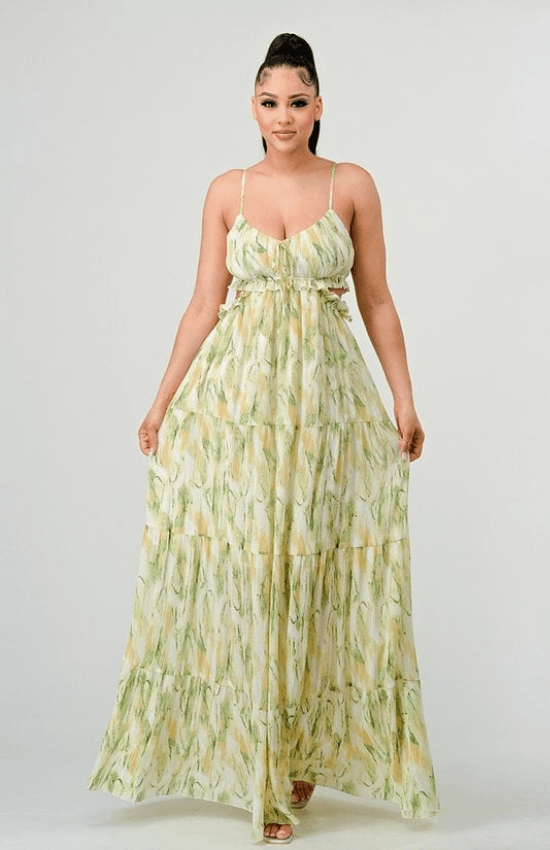 Junelle Floral Print Chiffon Ruffle Side Cut Out Maxi Dress-Sage