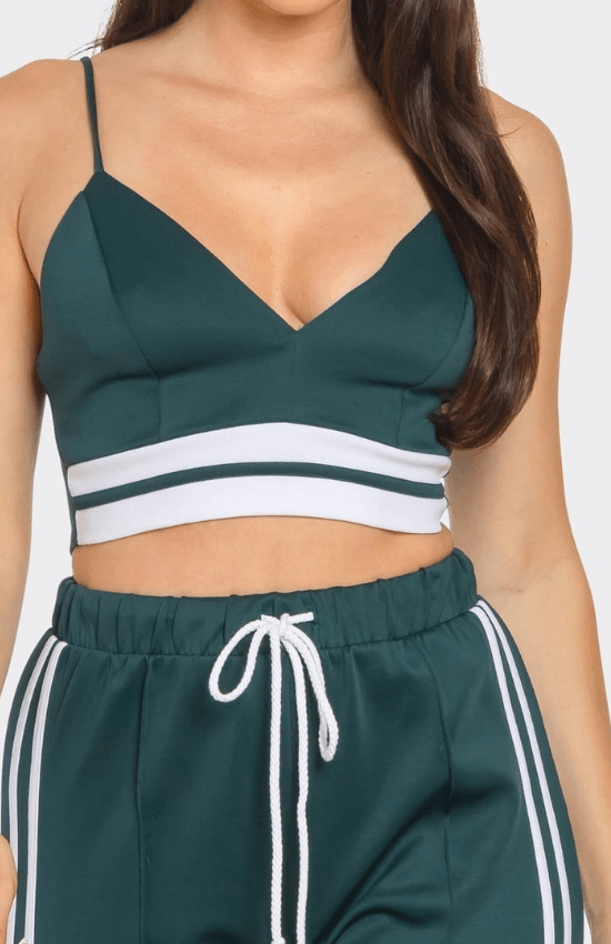 Mikayla Front bottom Striped Detail Adjustable Strap Bra Crop Top and Side Slit Two Stripes Flare Pants Set-Hunter Green/White