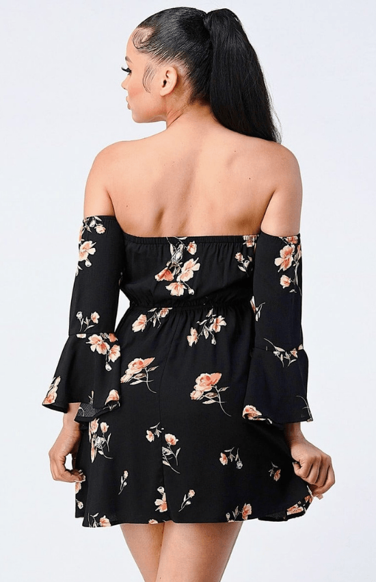 Marline Off Shoulder Bell Sleeve Waist Band Floral Mini Dres-Black