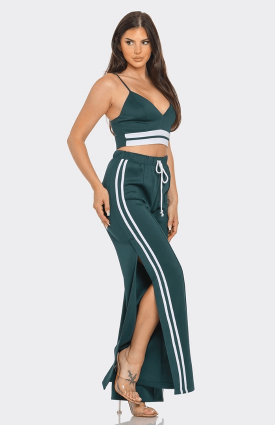 Mikayla Front bottom Striped Detail Adjustable Strap Bra Crop Top and Side Slit Two Stripes Flare Pants Set-Hunter Green/White