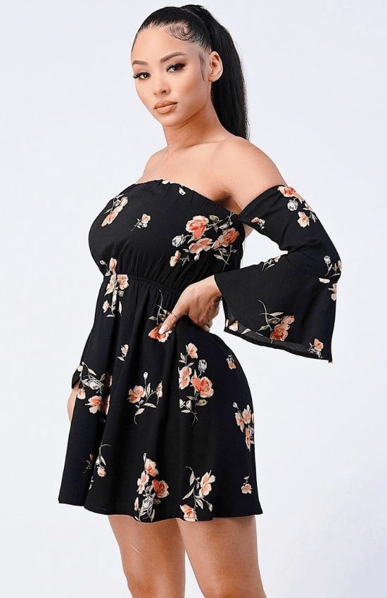 Marline Off Shoulder Bell Sleeve Waist Band Floral Mini Dres-Black