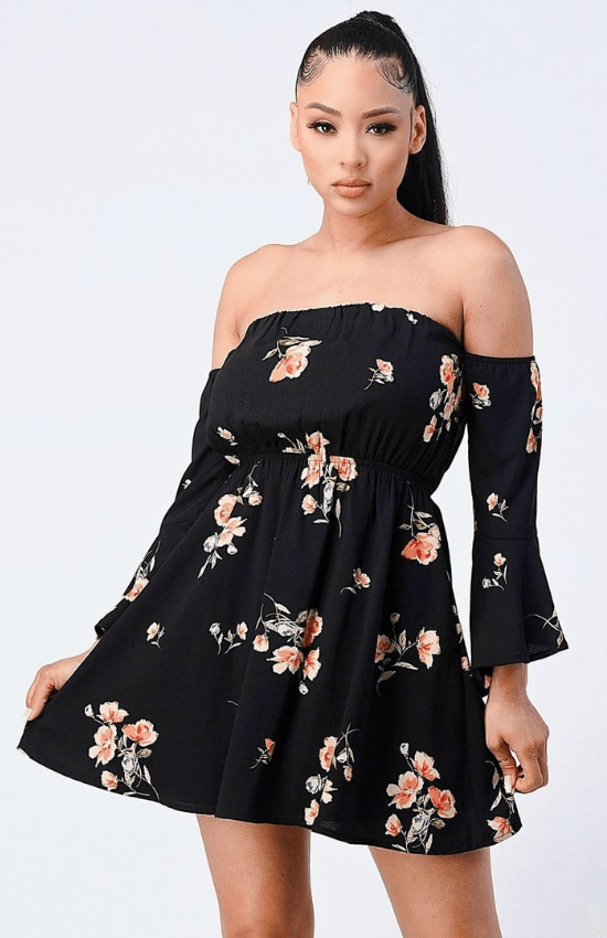 Marline Off Shoulder Bell Sleeve Waist Band Floral Mini Dres-Black