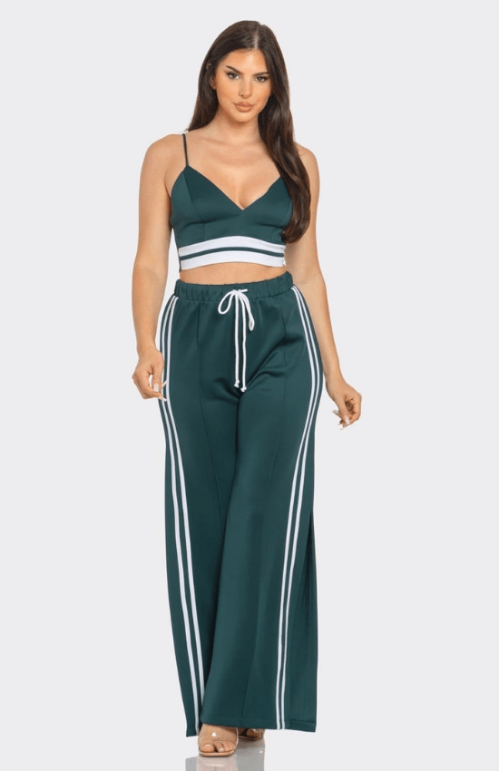 Mikayla Front bottom Striped Detail Adjustable Strap Bra Crop Top and Side Slit Two Stripes Flare Pants Set-Hunter Green/White