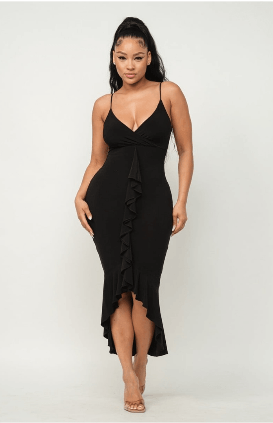 Lidia Front Deep V-Neck Ruffle Detail Bottom Hem Adjustable Strap Midi Dress