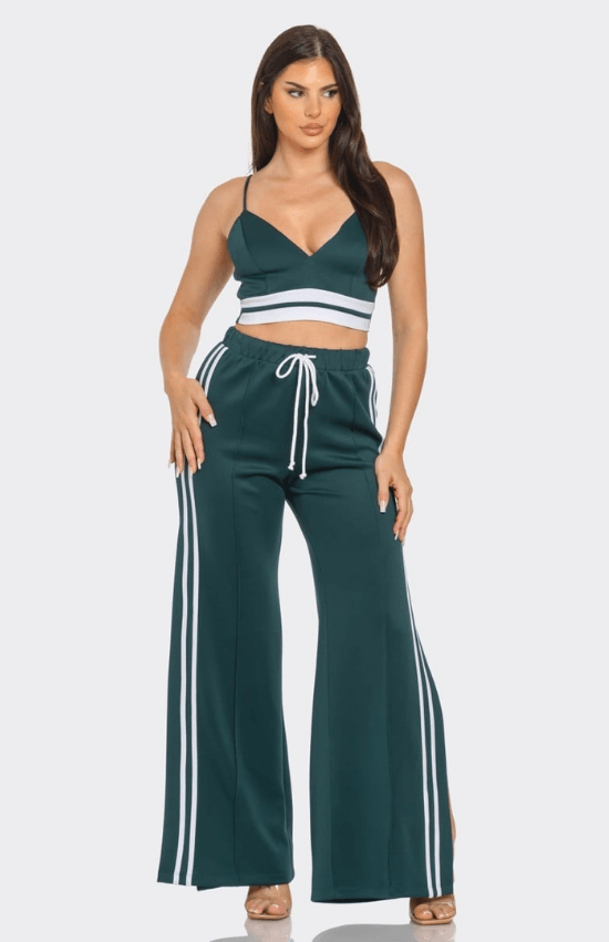 Mikayla Front bottom Striped Detail Adjustable Strap Bra Crop Top and Side Slit Two Stripes Flare Pants Set-Hunter Green/White