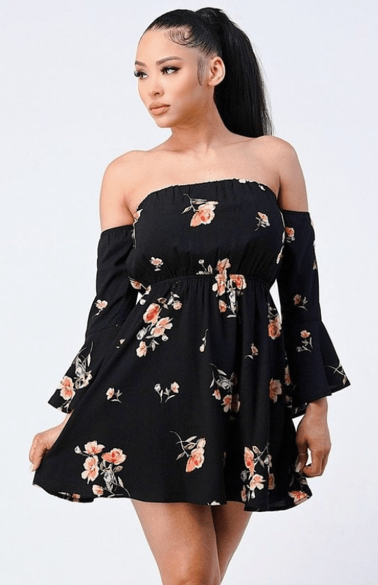 Marline Off Shoulder Bell Sleeve Waist Band Floral Mini Dres-Black