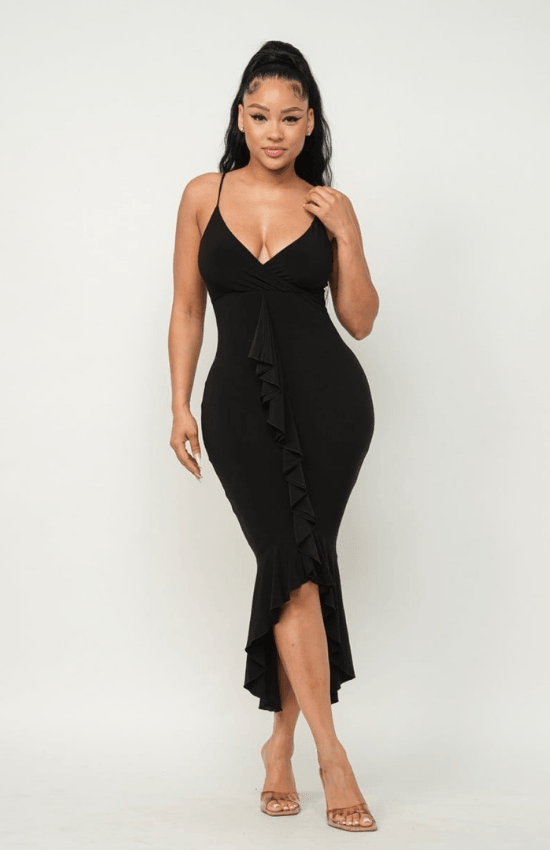 Lidia Front Deep V-Neck Ruffle Detail Bottom Hem Adjustable Strap Midi Dress