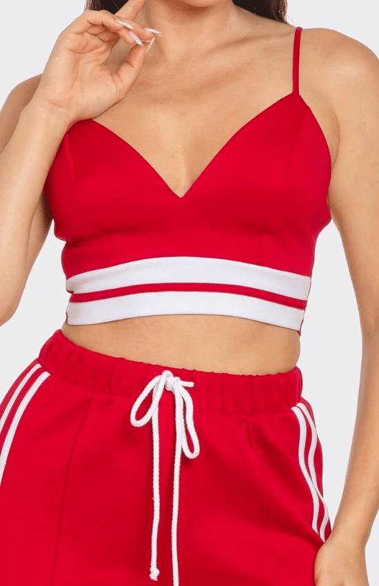 Mikayla Front bottom Striped Detail Adjustable Strap Bra Crop Top and Side Slit Two Stripes Flares Pants set Red/White