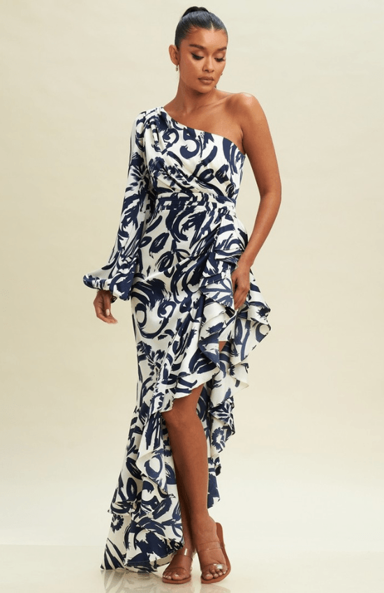 Alyssa One Shoulder Drape Long sleeves maxi Dress-Ivory/Navy