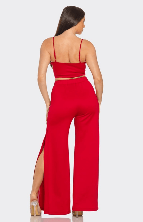 Mikayla Front bottom Striped Detail Adjustable Strap Bra Crop Top and Side Slit Two Stripes Flares Pants set Red/White